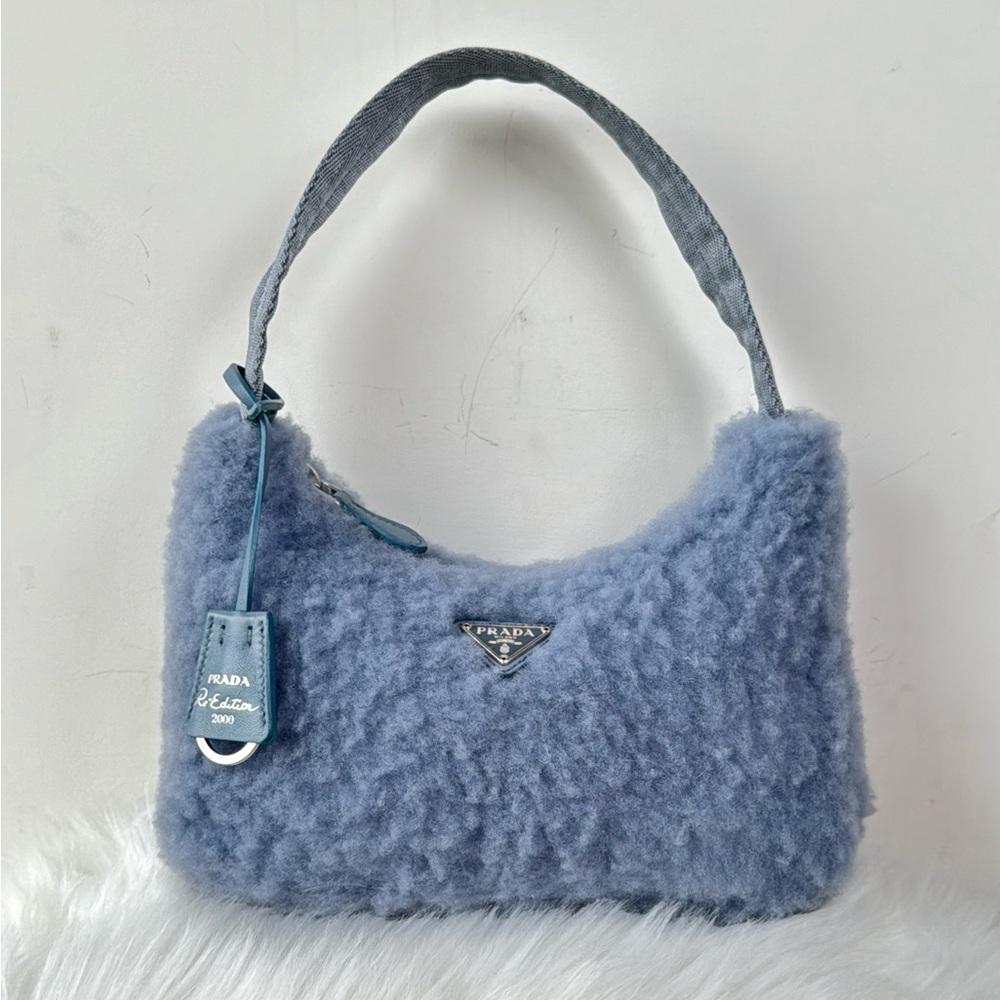 Prada Blue Shearling Shoulder Bag